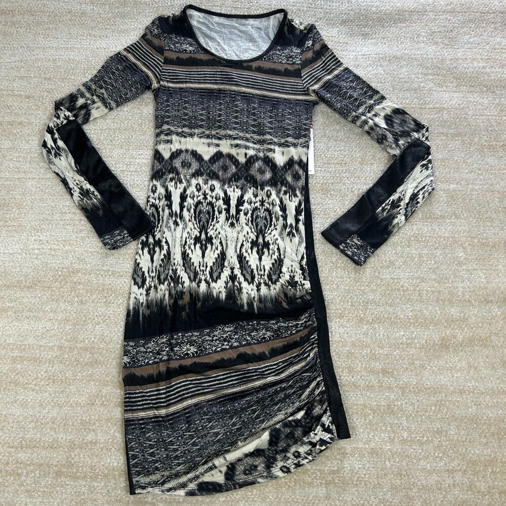 SW3 UK Bespoke Black White Ikat Long Sleeve Dress XS New Tags USA Made